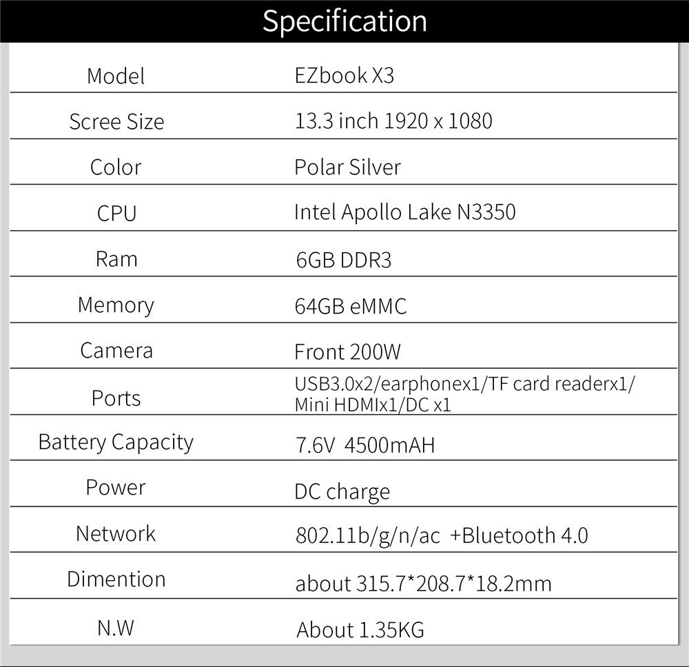 Jumper EZbook X3 Laptop Intel Apollo Lake N3350 Quad Core 13.3 Inch IPS FHD 1920*1080 Windows 10 6GB RAM 64GB ROM - Grey