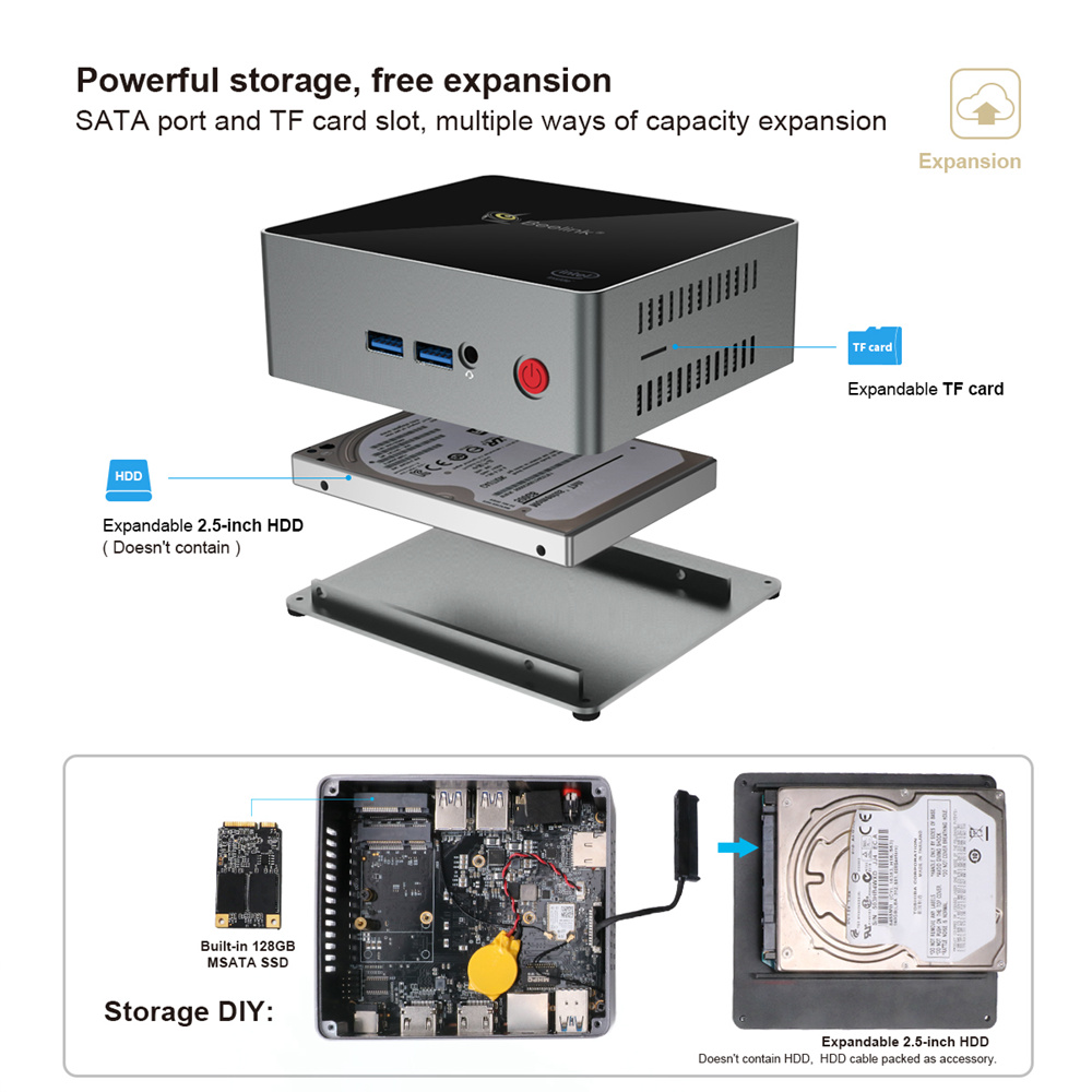 Beelink J45 Intel Apollo Lake J4205 8GB DDR4 128GB mSATA SSD Windows 10 Mini PC Dual Band WiFi Gigabit LAN USB3.0*4 HDMI*2 Expandable 2.5 inch HDD