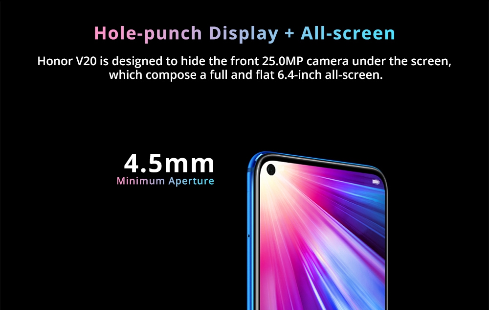 HUAWEI Honor V20 Hole-punch Display 6.4 Inch 4G LTE Smartphone Kirin 980 8GB 128GB 48.0MP+TOF Dual Rear Cameras Android 9.0 NFC Type-C Fast Charge - Black