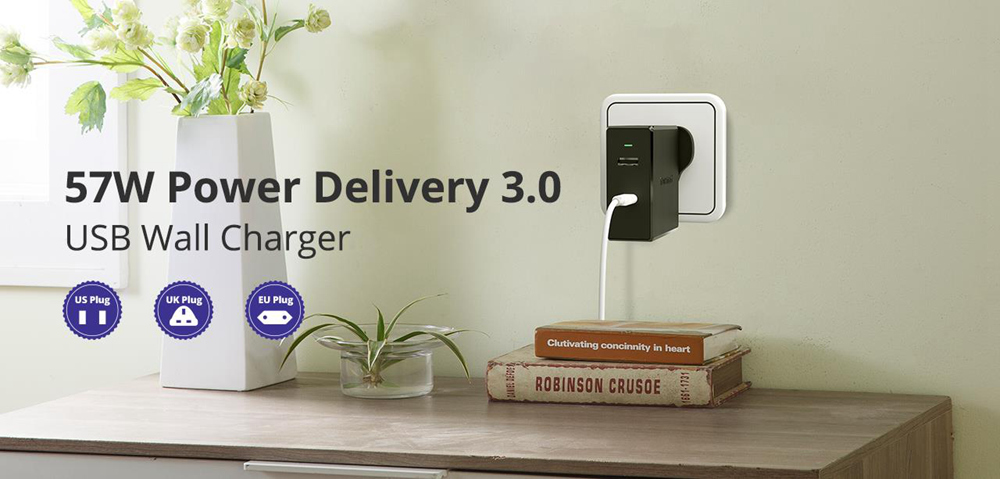 Tronsmart WCP03 57W USB-C Wall Charger with 45W Power Delivery 3.0 12W VoltiQ Foldable Plug for MacBook iPhone - UK Plug