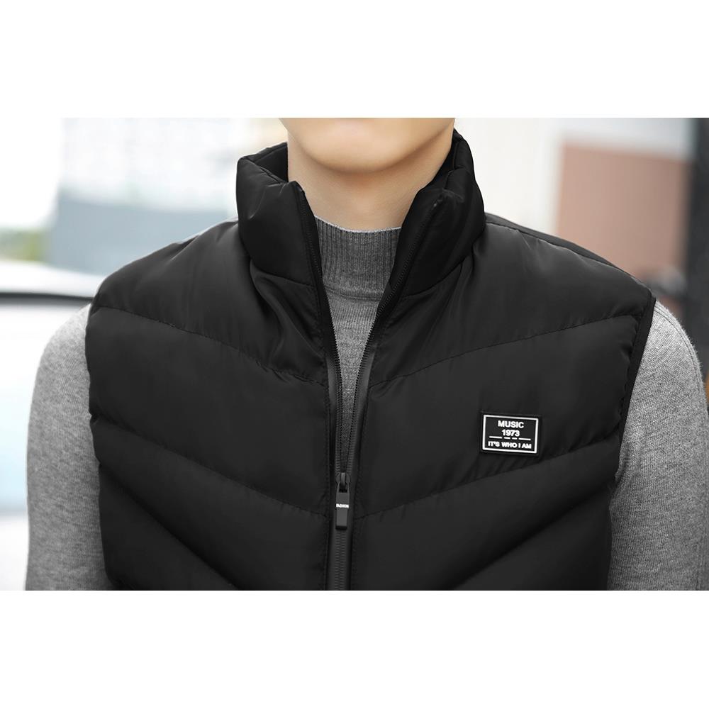 Men Winter Fashion Stand Collar Solid Color Cotton Sleeveless Waistcoat Size L - Black