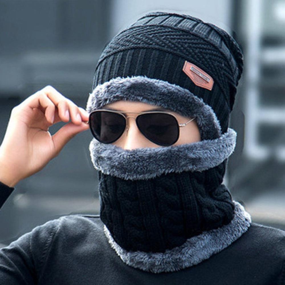 MZD0162 Men Winter Fleece Thickened Knitting Two-piece Set Hat + Cycling Windproof Scarf - Black