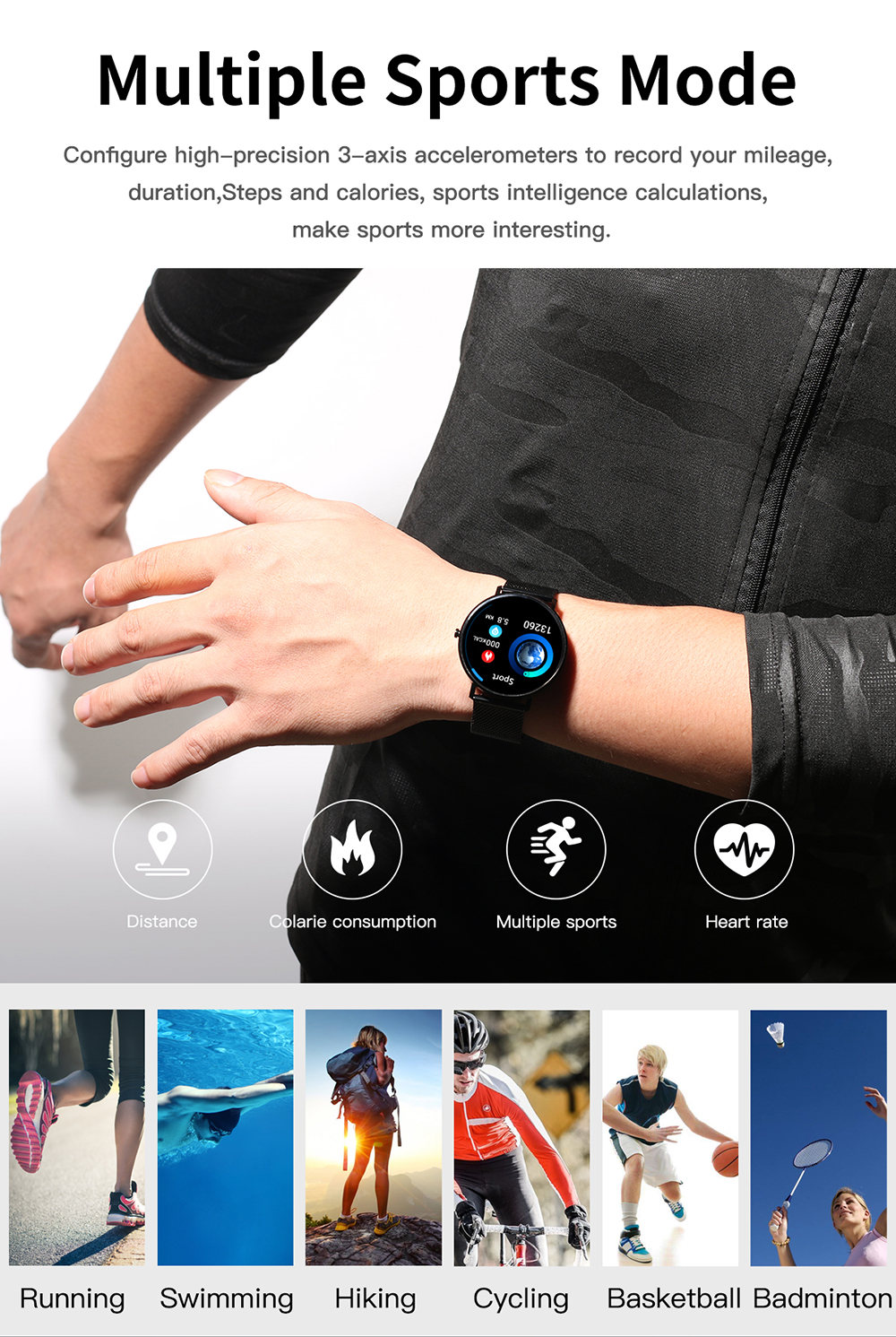 Makibes L6 Smart Watch 1.22 Inch Touch Screen Heart Rate Sleep Monitor IP68 Waterproof Multi-sports Modes Metal Band - Black