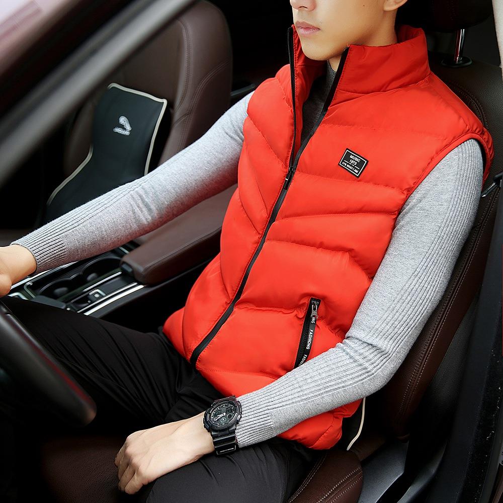 Men Winter Fashion Stand Collar Solid Color Cotton Sleeveless Waistcoat Size L - Orange