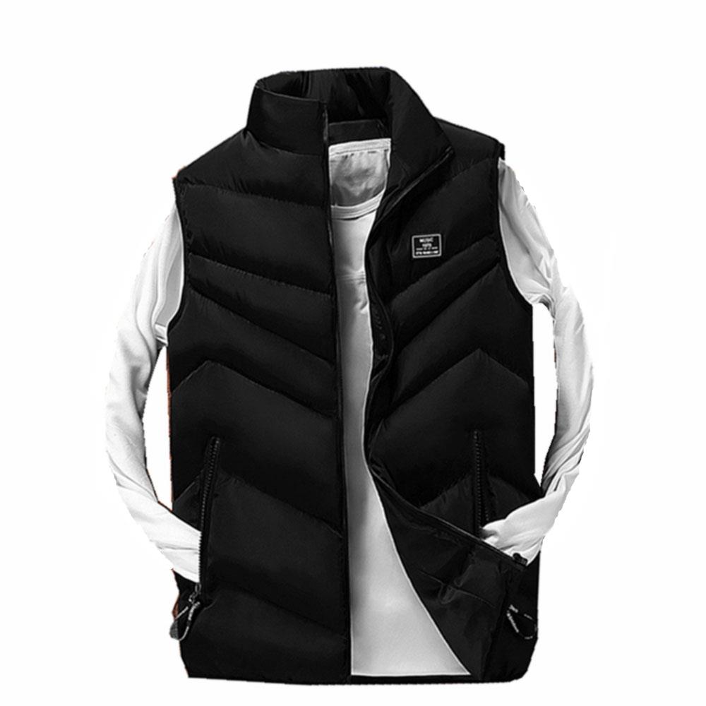 Men Winter Fashion Stand Collar Solid Color Cotton Sleeveless Waistcoat Size L - Black