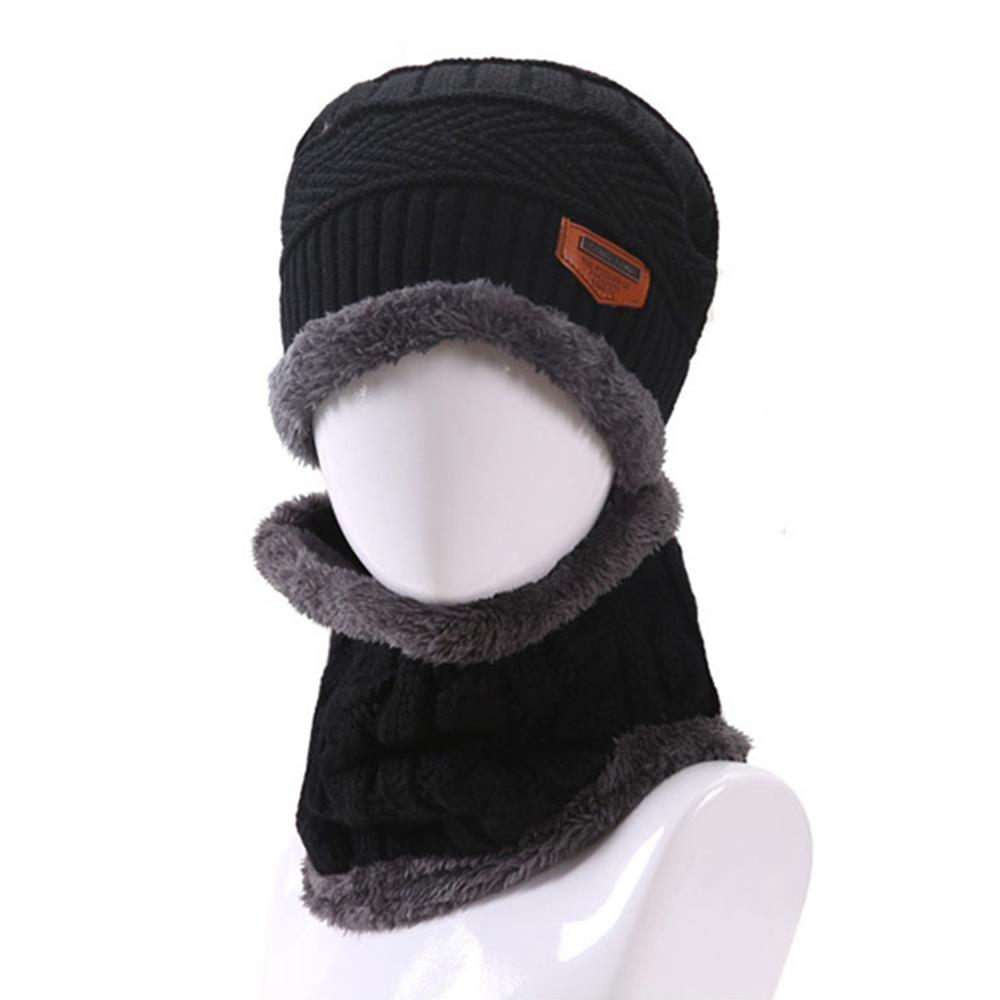 MZD0162 Men Winter Fleece Thickened Knitting Two-piece Set Hat + Cycling Windproof Scarf - Black