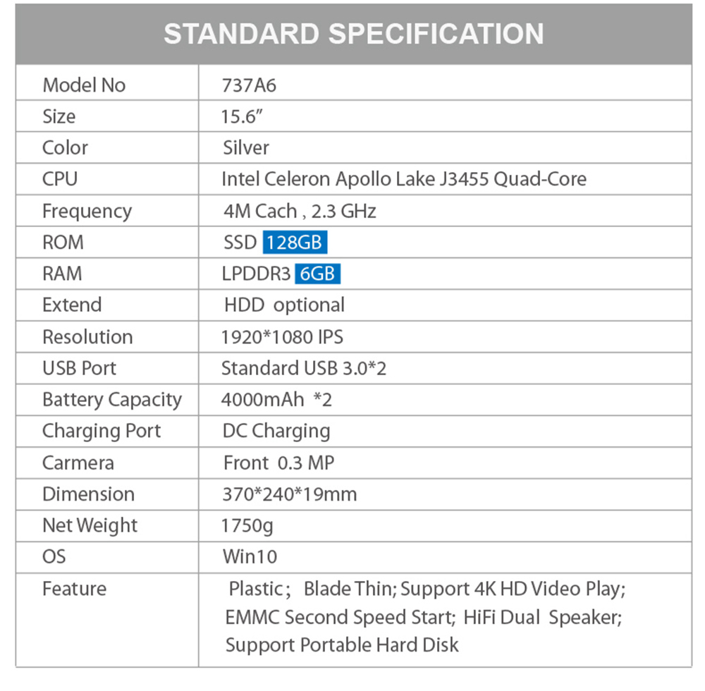 YEPO 737A6 Laptop Intel Apollo Lake J3455 Quad Core 15.6" IPS Screen 1920*1080 Windows 10 6GB RAM 168GB SSD - Silver