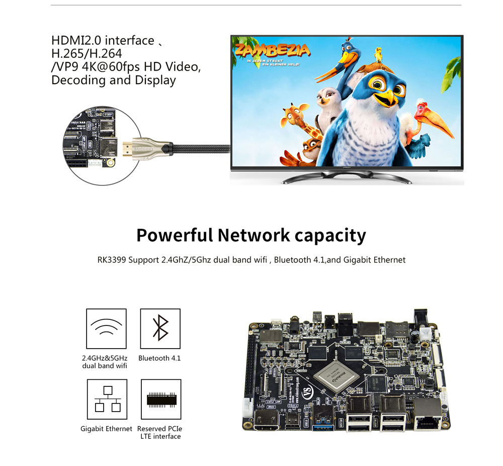 DIY BOX RK3399 Super Development Board  Mali-T864 2GB 16GB 4K 10 Bit VP9  US UK EU