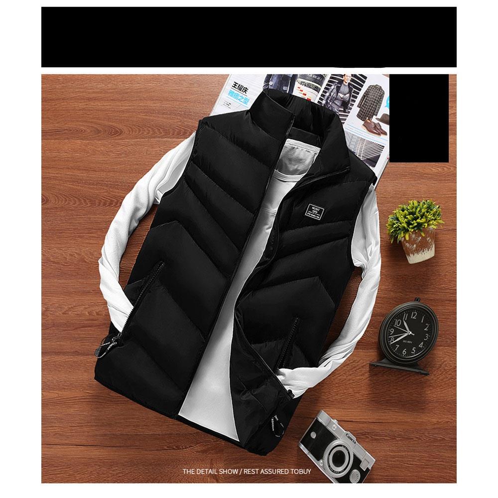 Men Winter Fashion Stand Collar Solid Color Cotton Sleeveless Waistcoat Size L - Black