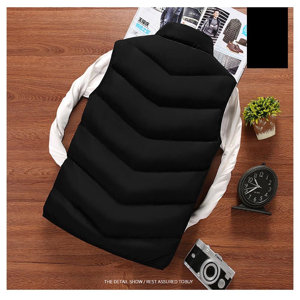 Men Winter Fashion Stand Collar Solid Color Cotton Sleeveless Waistcoat Size L - Black