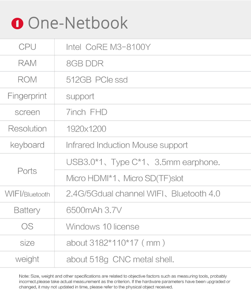 One Netbook One Mix 2S Yoga Pocket Laptop Intel Core M3-8100Y Dual Core Touch ID 7" IPS Screen 1920*1200 Windows 10 8GB DDR3 512GB PCI-E SSD - Red