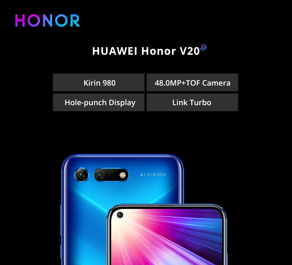 HUAWEI Honor V20 Hole-punch Display 6.4 Inch 4G LTE Smartphone Kirin 980 8GB 128GB 48.0MP+TOF Dual Rear Cameras Android 9.0 NFC Type-C Fast Charge - Black