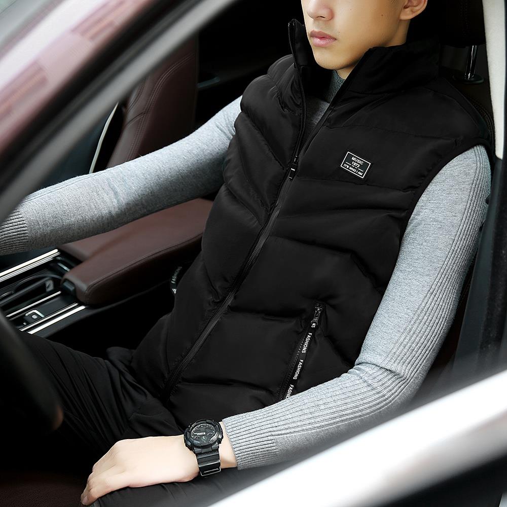 Men Winter Fashion Stand Collar Solid Color Cotton Sleeveless Waistcoat Size L - Black