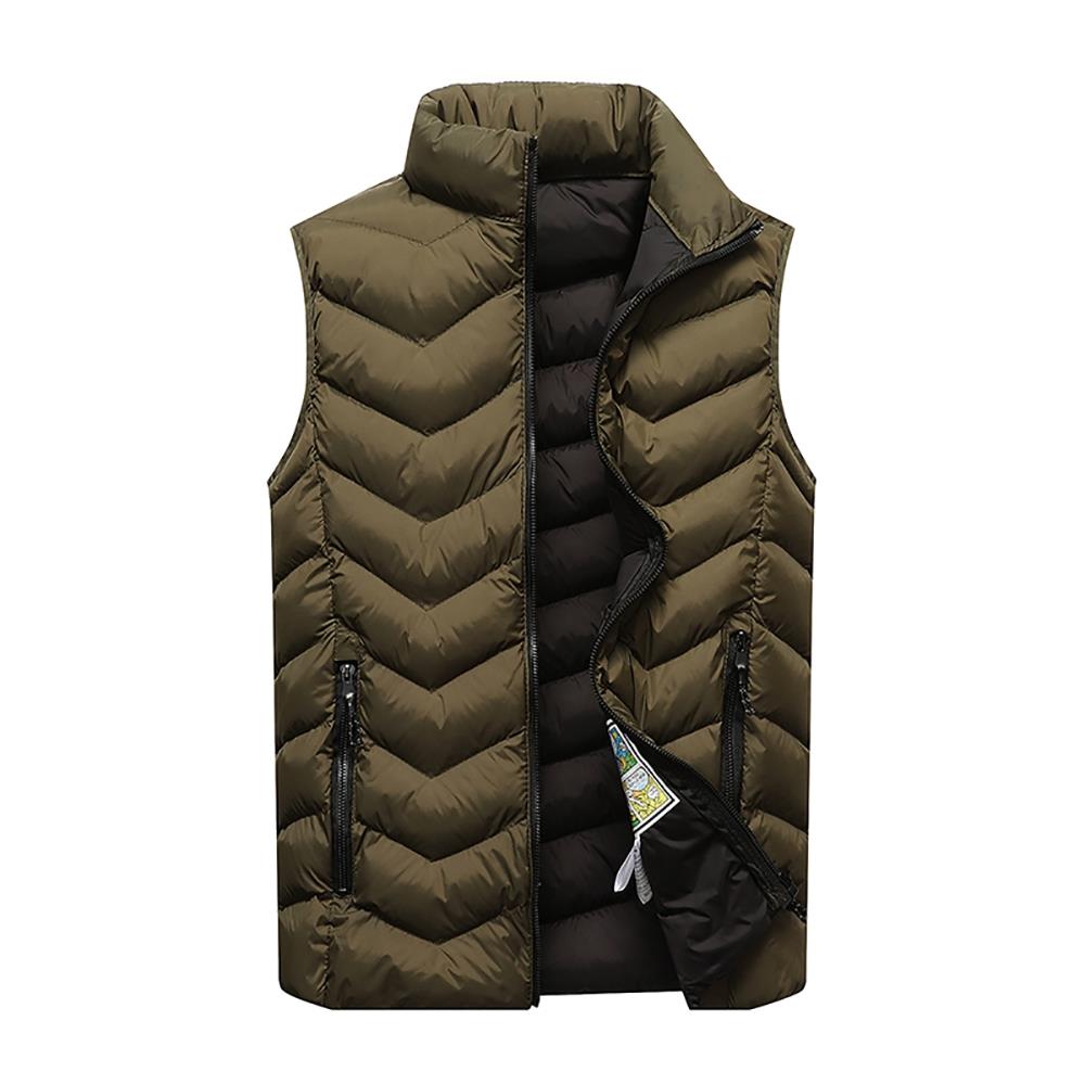 Men Winter Casual Stand Collar Solid Color Cotton Waistcoat Sleeveless Jacket Size L - Army Green