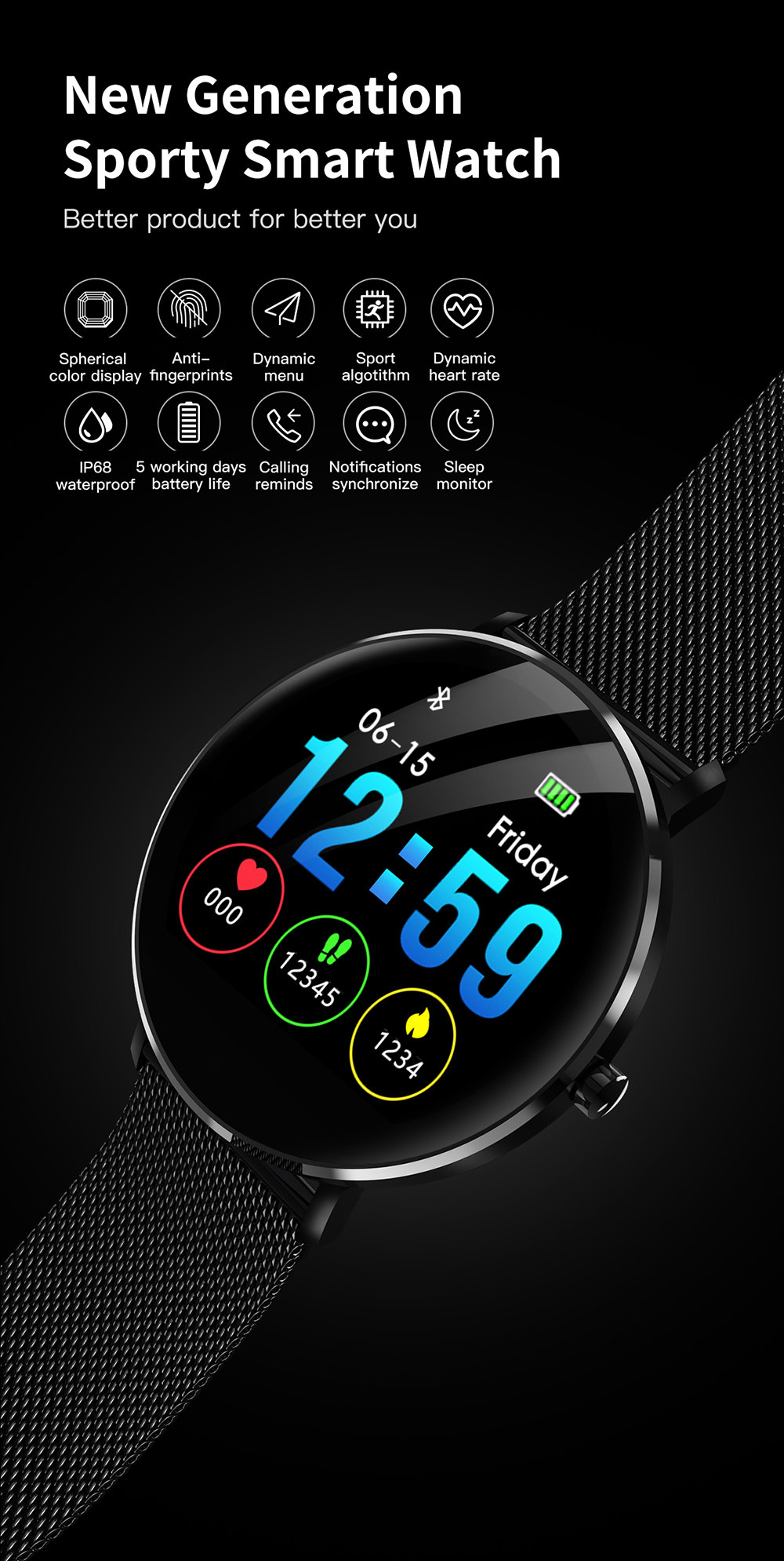 Makibes L6 Smart Watch 1.22 Inch Touch Screen Heart Rate Sleep Monitor IP68 Waterproof Multi-sports Modes Metal Band - Black