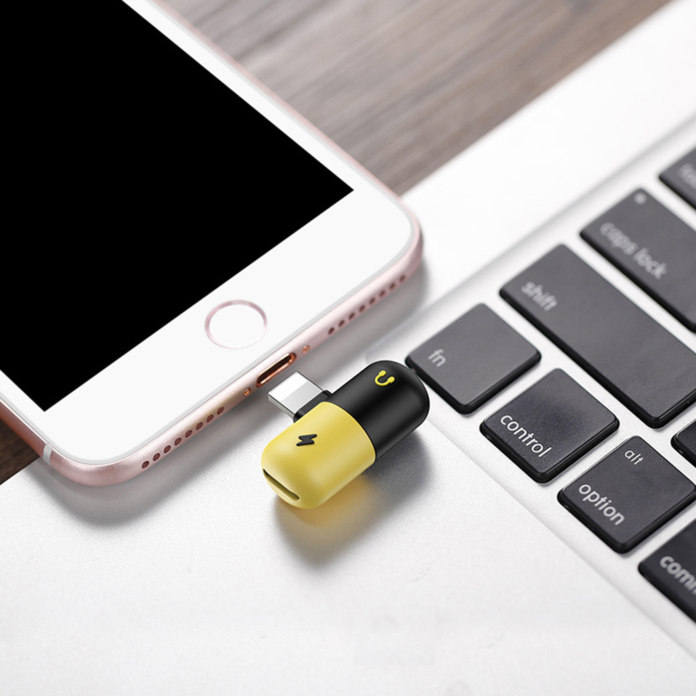 2 in 1 Audio Charging Adapter Lighting Capsule 3.5mm Headphone Jack Charger for iPhone 7 8 Plus X - Yellow + Black