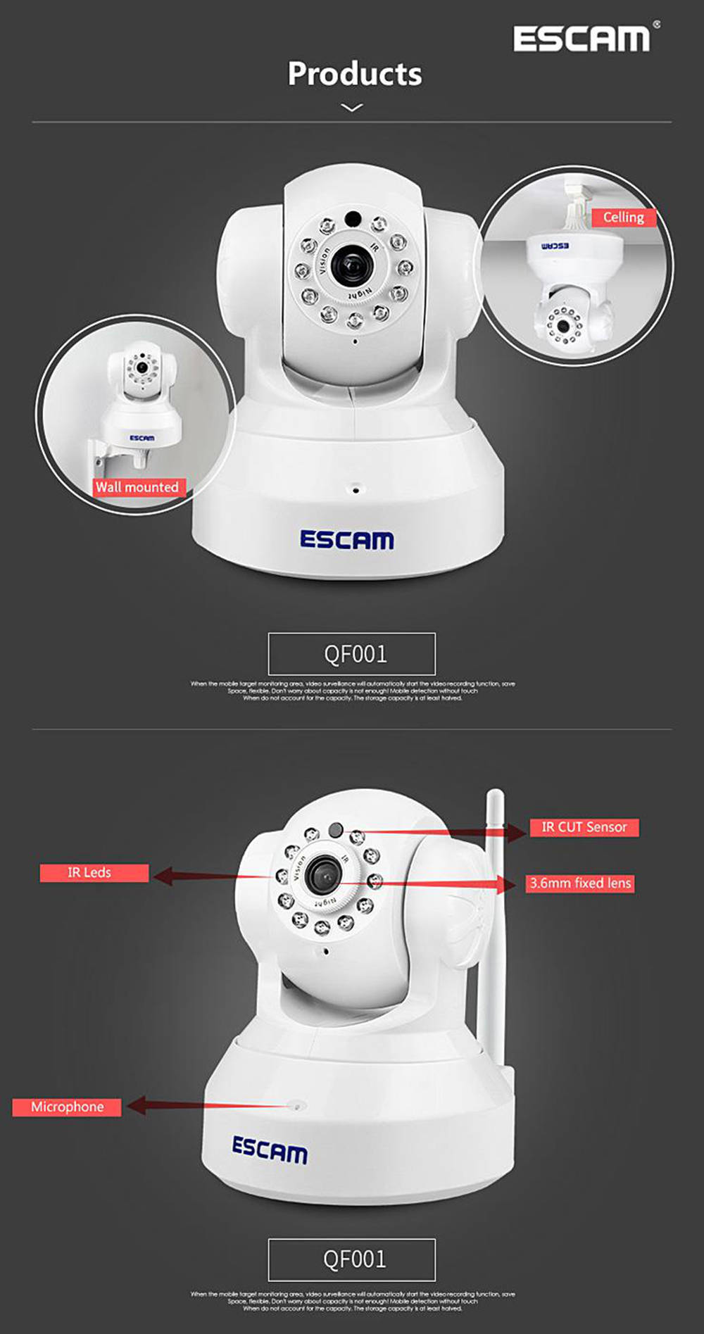 ESCAM QF001 WiFi 720P Smart Wireless Webcam Security Camera - White
