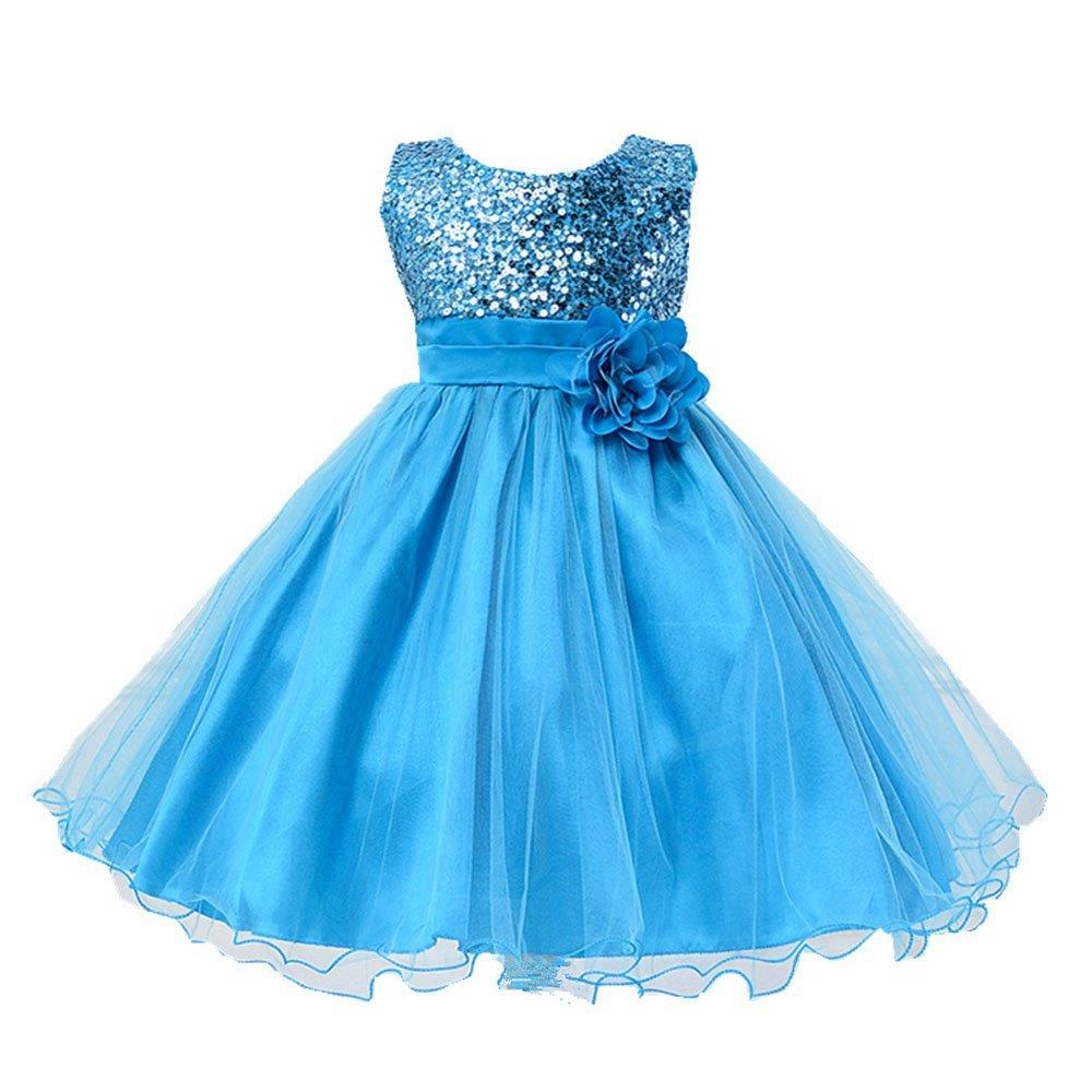 L067 Baby Girls Sleeveless Flower Dress Princess Wedding Party Children Clothing Size 100 - Light Blue