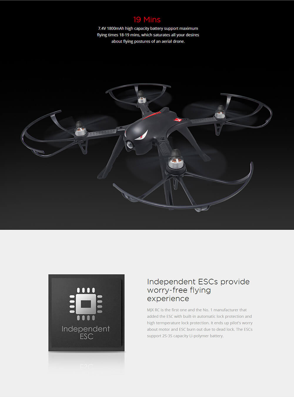 MJX Bugs 3 Brushless Independent ESC 1800mAh Battery 3D Roll Gopro 3 Gopro 4 Compatible RC Quadcopter RTF - Red