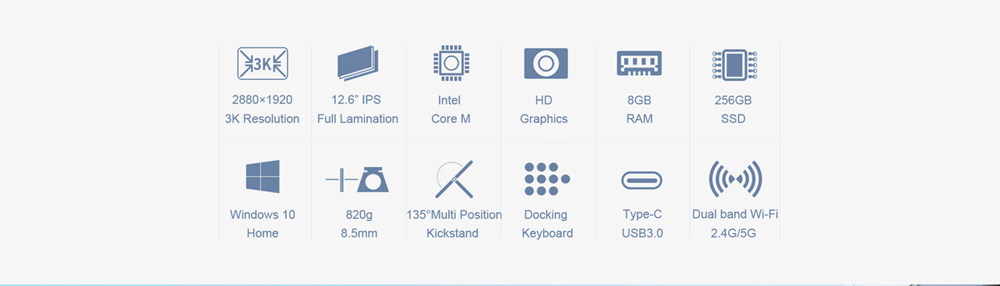 Teclast X6 Pro 2 in 1 Tablet PC Intel Core m3-7Y30 Dual Core 12.6" IPS 3K 2880*1920 8GB RAM 256GB SSD Windows 10 - Silver