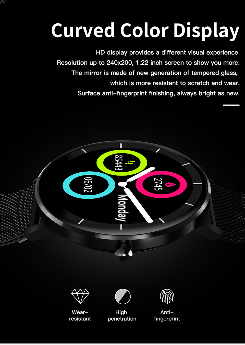Makibes L6 Smart Watch 1.22 Inch Touch Screen Heart Rate Sleep Monitor IP68 Waterproof Multi-sports Modes Metal Band - Black