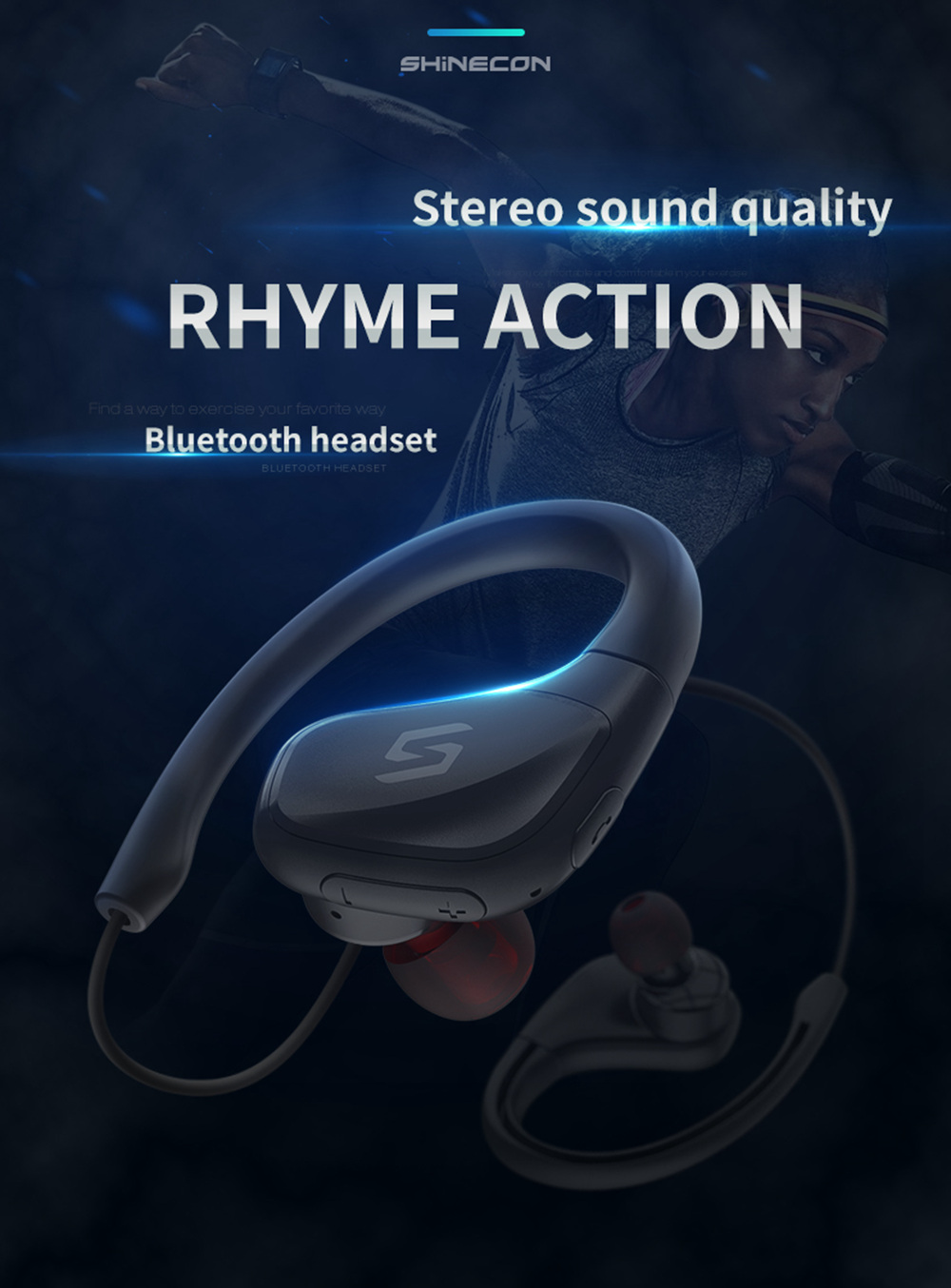 VR SHINECON SC-J11 Headphones Wireless Bluetooth Sports for IOS Android Smart Phone - Black