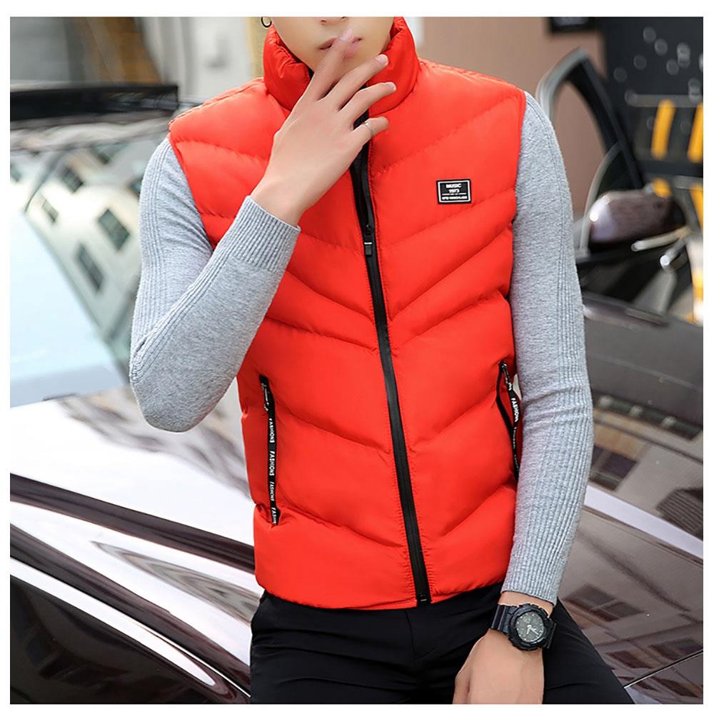 Men Winter Fashion Stand Collar Solid Color Cotton Sleeveless Waistcoat Size L - Orange