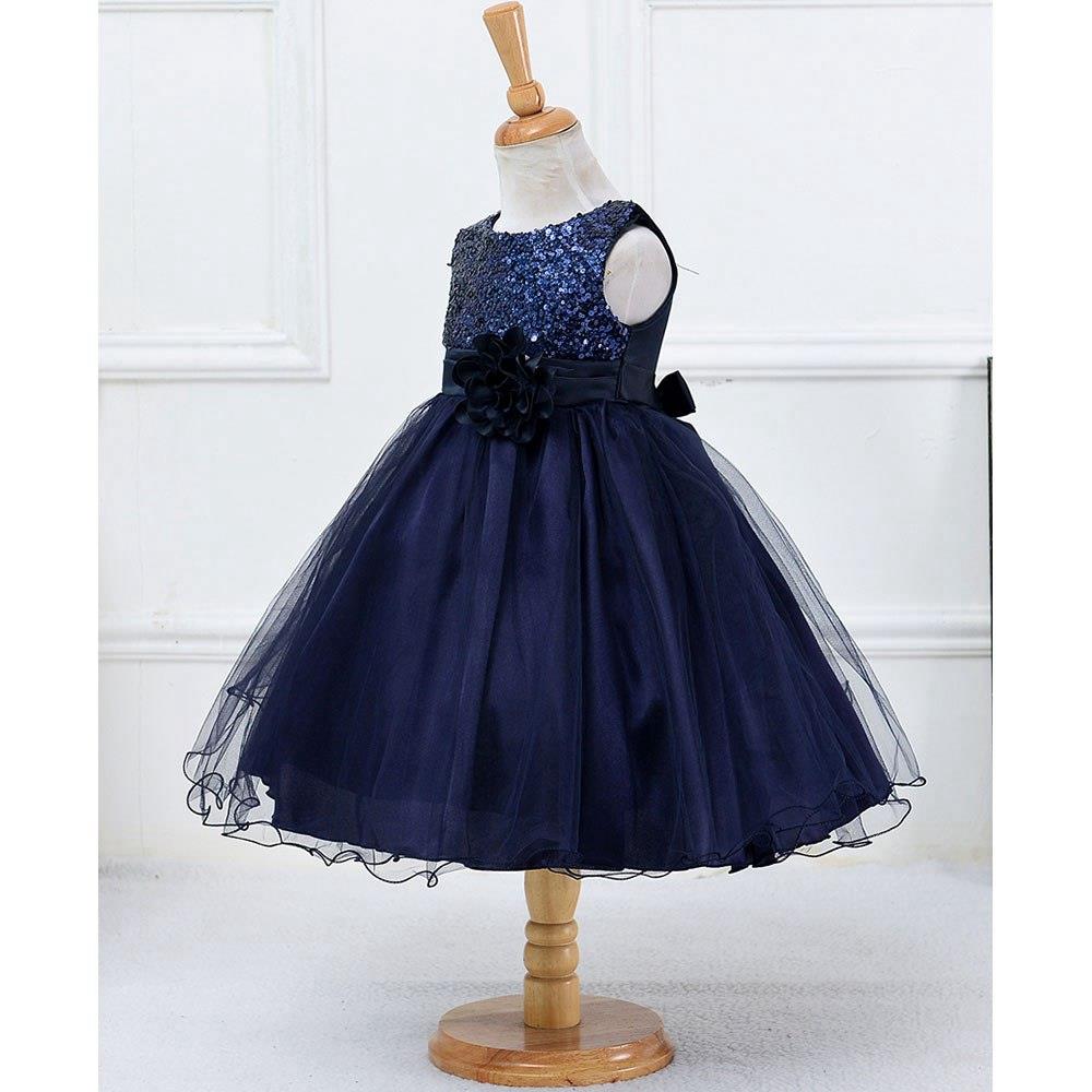 L067 Baby Girls Sleeveless Flower Dress Princess Wedding Party Children Clothing Size 100 - Navy Blue