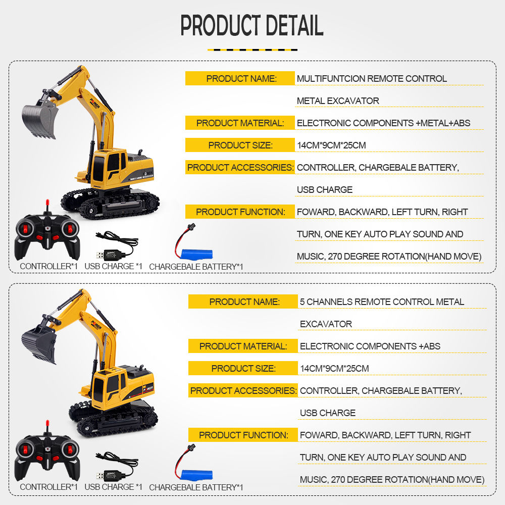 258-1 1:24 6CH Metal Excavator Construction Vehicle RC Car RTR