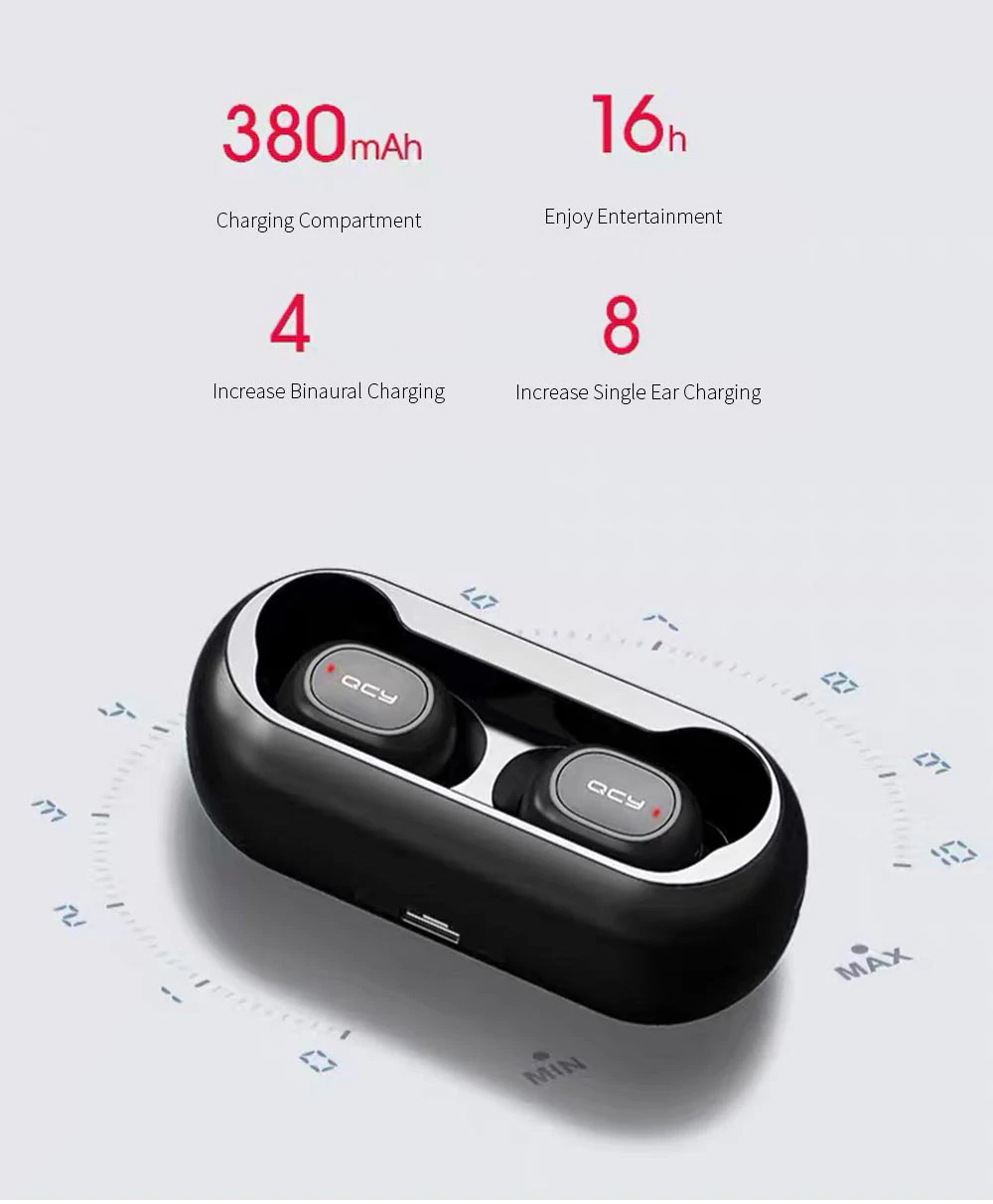 QCY T1C TWS Dual Bluetooth 5.0 Earphones with Mic Charging Box Noise Reduction - Black
