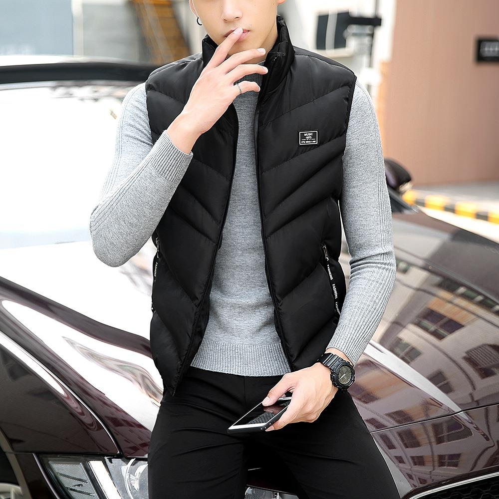 Men Winter Fashion Stand Collar Solid Color Cotton Sleeveless Waistcoat Size L - Black