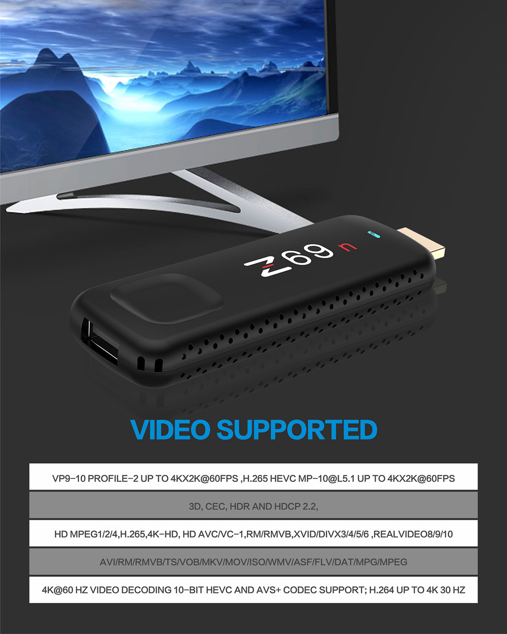 Z69n Amlogic S905Y2 Android 8.1 2GB DDR4 16GB eMMC TV Dongle Dual Band WiFi Bluetooth HDMI USB3.0