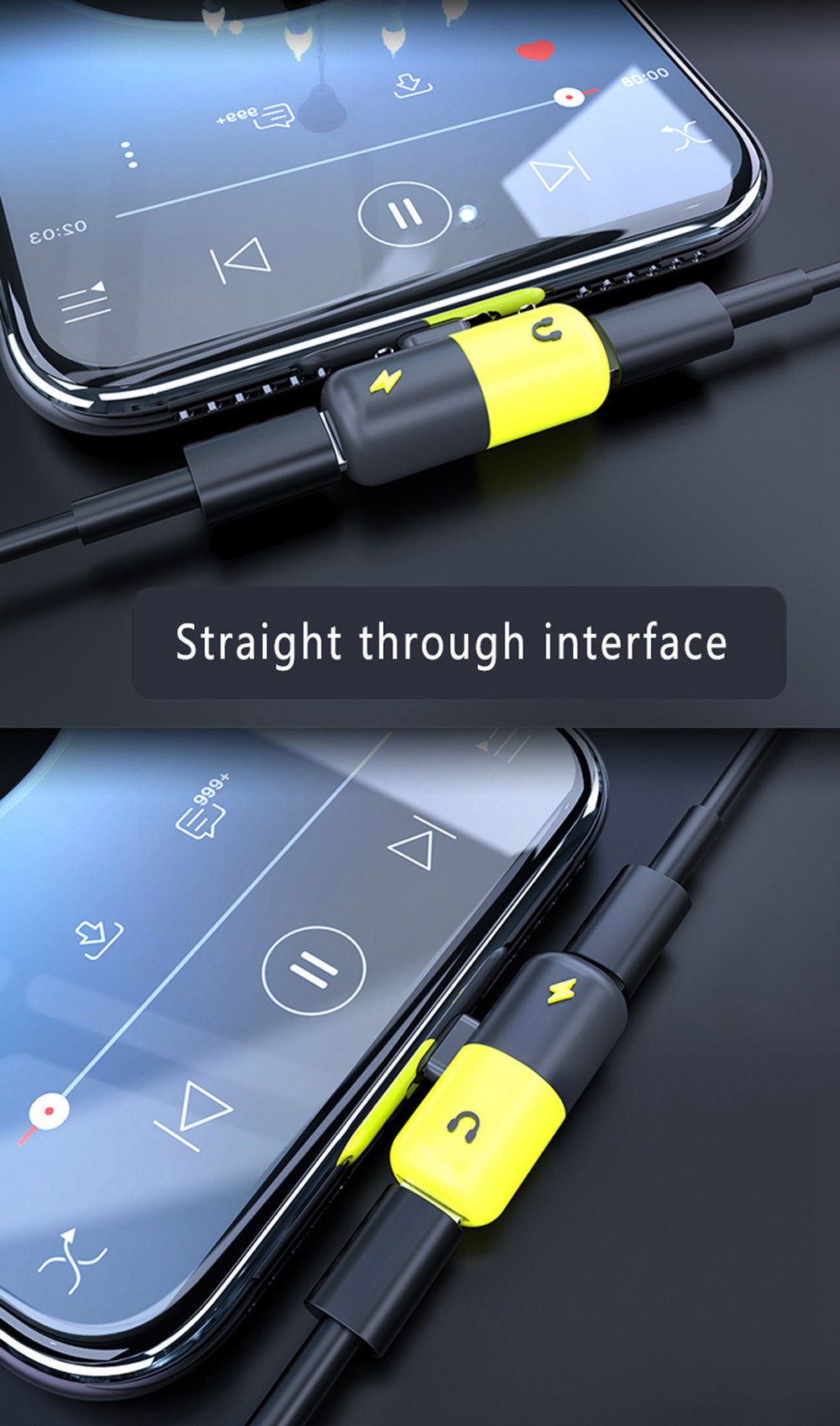 2 in 1 Audio Charging Adapter Lighting Capsule 3.5mm Headphone Jack Charger for iPhone 7 8 Plus X - Yellow + Black