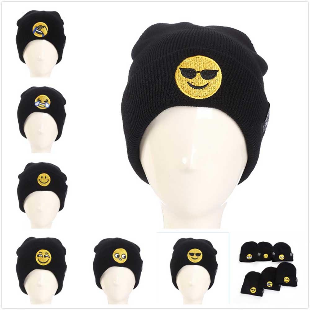 LZ169 Unisex Expression Embroidered Knitted Hat KLV Personality Cartoon Wool Cap Outdoor Warm Cuffed Hat - Black