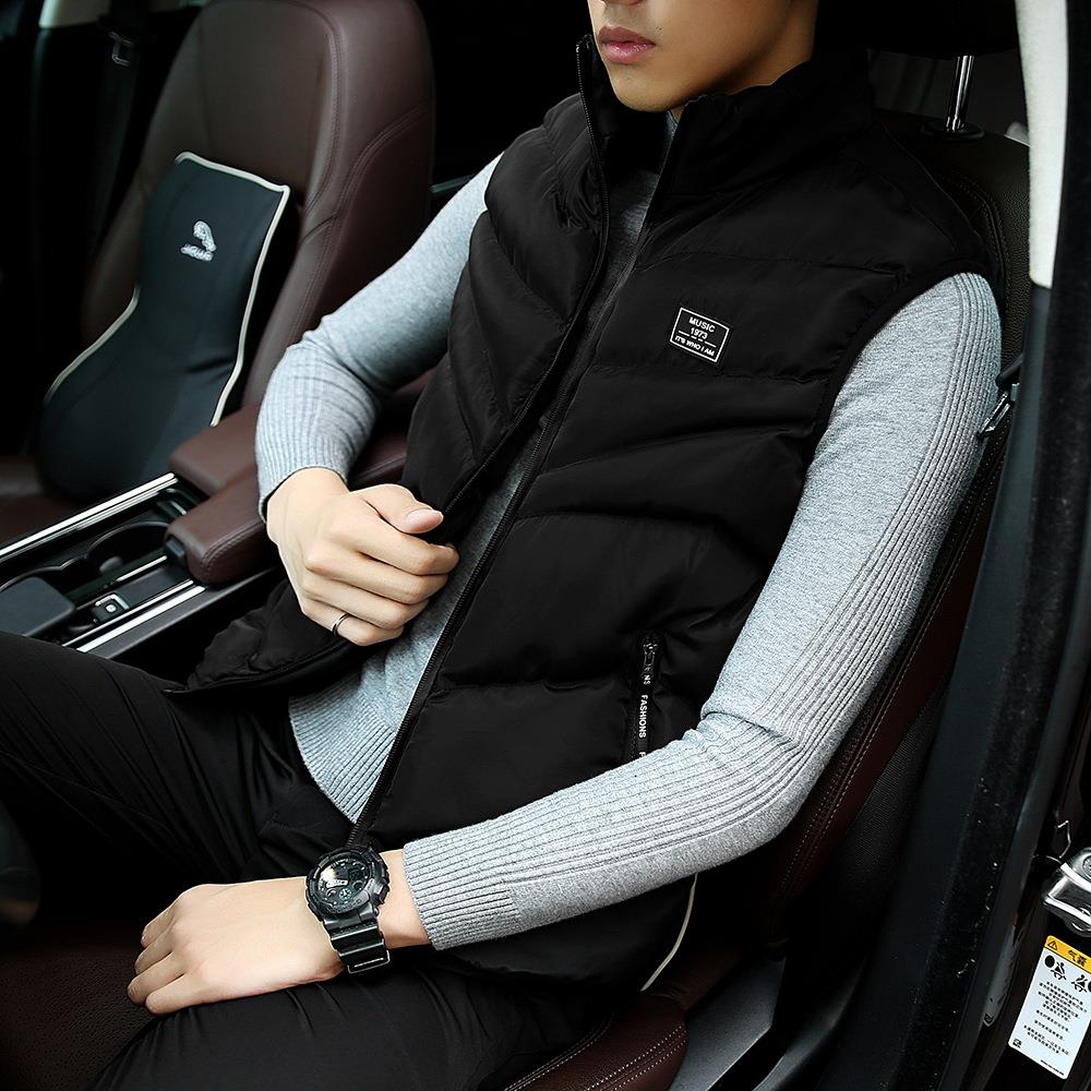 Men Winter Fashion Stand Collar Solid Color Cotton Sleeveless Waistcoat Size L - Black