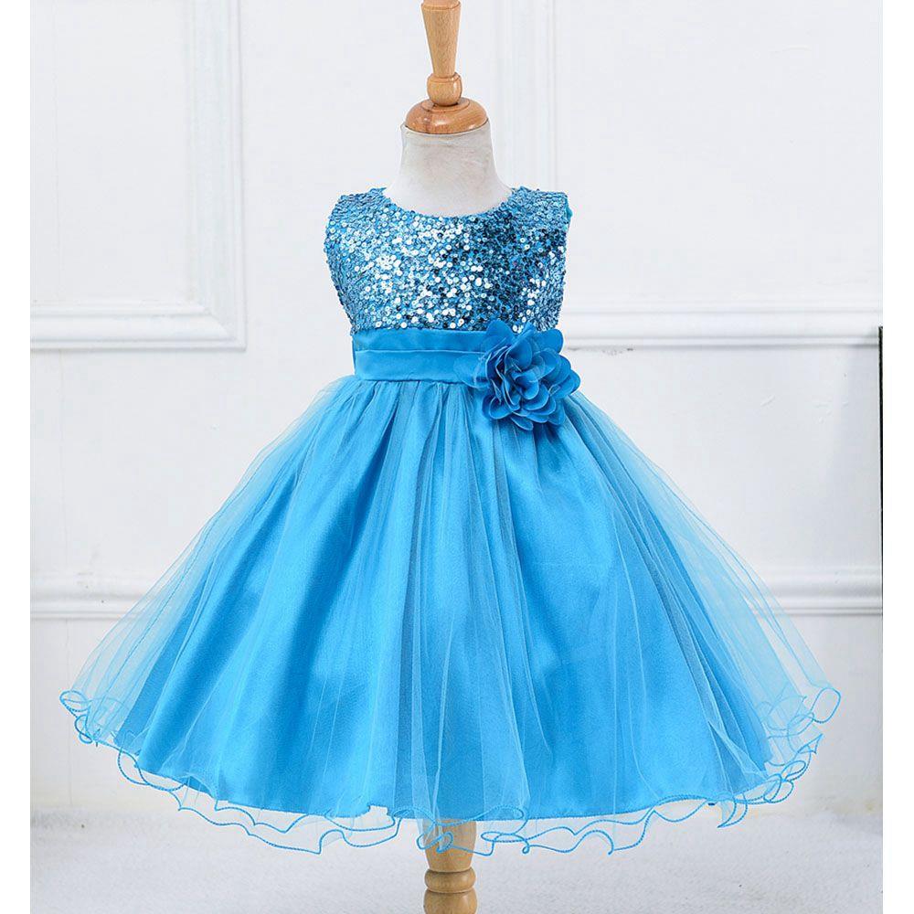L067 Baby Girls Sleeveless Flower Dress Princess Wedding Party Children Clothing Size 100 - Light Blue