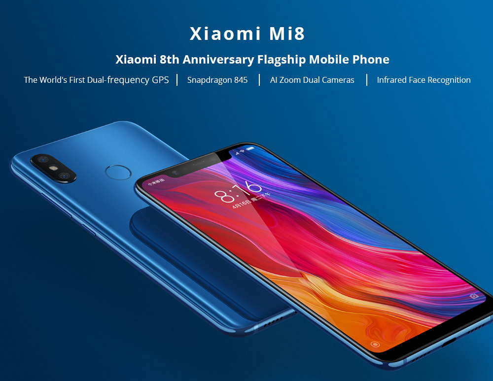 Xiaomi Mi 8 6.21 Inch 4G LTE Smartphone Snapdragon 845 6GB 256GB Dual 12MP Rear Cameras MIUI 9 AMOLED Screen Face ID Type-C Fast Charge English and Chinese Version - White