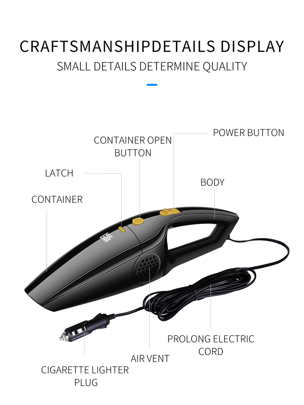 HULDRA HL-CY001 Portable Wired Handheld Car Vacuum Cleaner 120W Power - Black