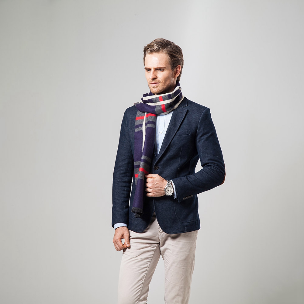 S04 Men Classic Business Imitation Cashmere Striped Plaid Warm Scarf 30x180CM - Navy Blue