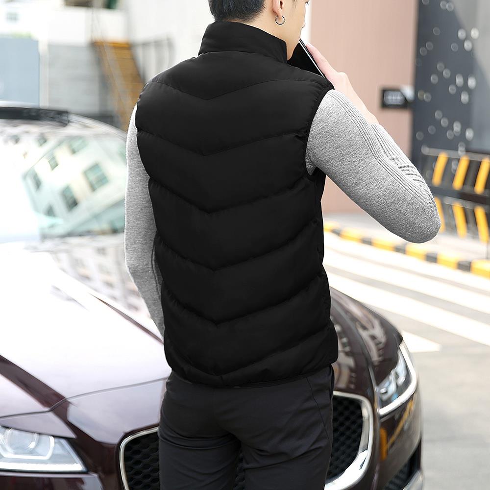 Men Winter Fashion Stand Collar Solid Color Cotton Sleeveless Waistcoat Size L - Black