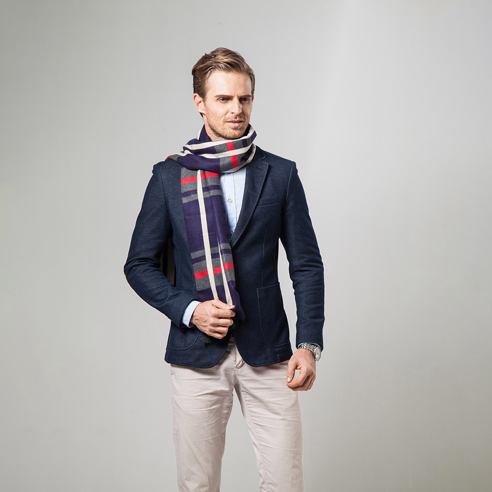 S04 Men Classic Business Imitation Cashmere Striped Plaid Warm Scarf 30x180CM - Navy Blue