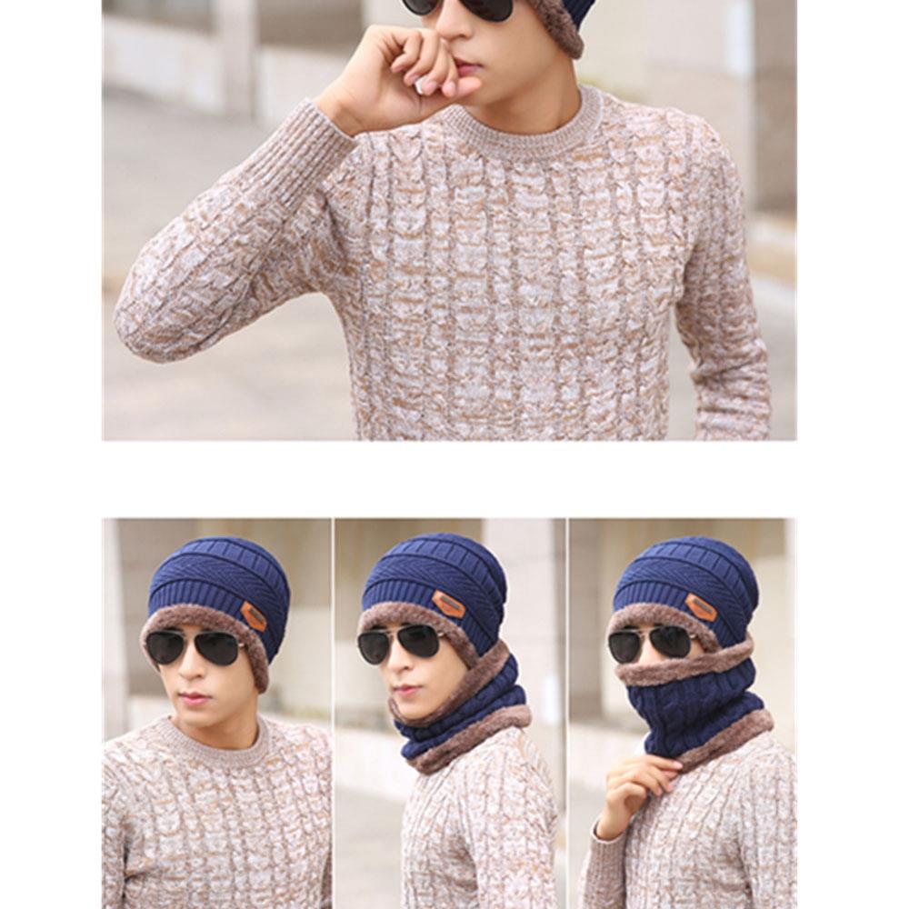 MZD0162 Men Winter Fleece Thickened Knitting Two-piece Set Hat + Cycling Windproof Scarf - Navy Blue