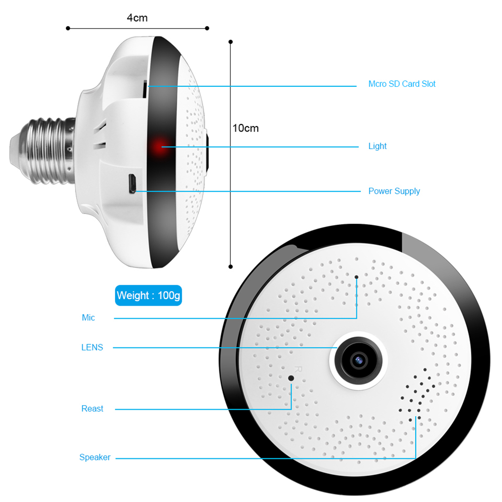 BESDER BES-VR307 2MP 1080P 360 Degree Panoramic WIFI LED Bulb IP Camera E27 IR-CUT Motion Detection - White