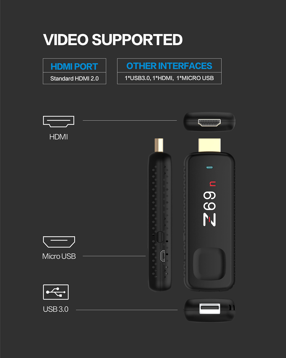 Z69n Amlogic S905Y2 Android 8.1 2GB DDR4 16GB eMMC TV Dongle Dual Band WiFi Bluetooth HDMI USB3.0
