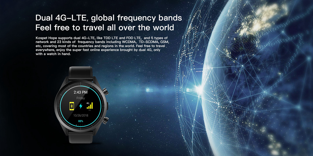 Kospet Hope 4G Smartwatch Phone Android 7.1 MTK6737 Quad Core 3G RAM 32G ROM 1.39 inch AMOLED Screen GPS WiFi Heart Rate Monitor PU Strap - Black