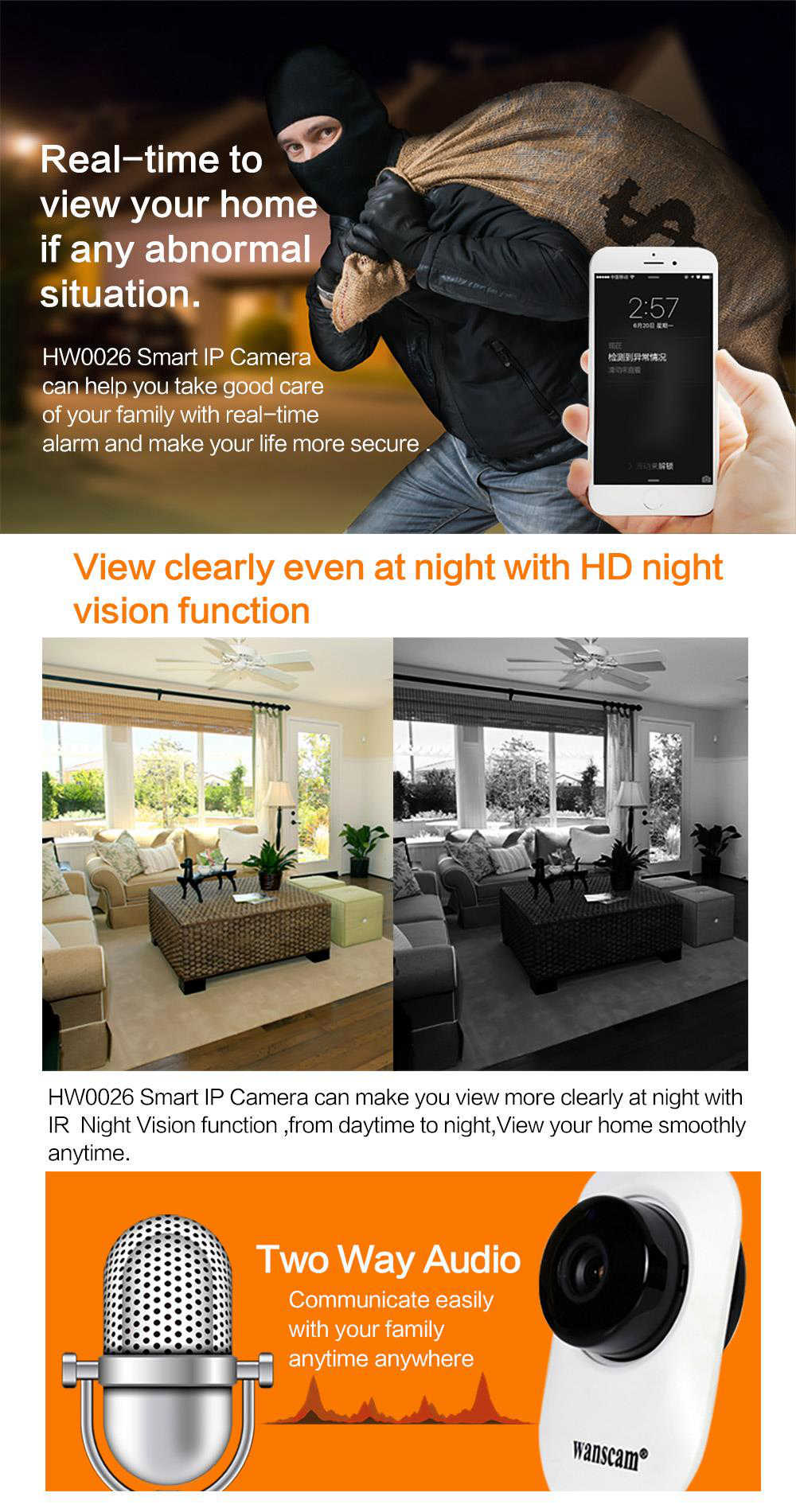 Wanscam HW0026 720P WiFi IP Camera Night Vision Alarm Function Motion Detection Two-Way Intercom - White