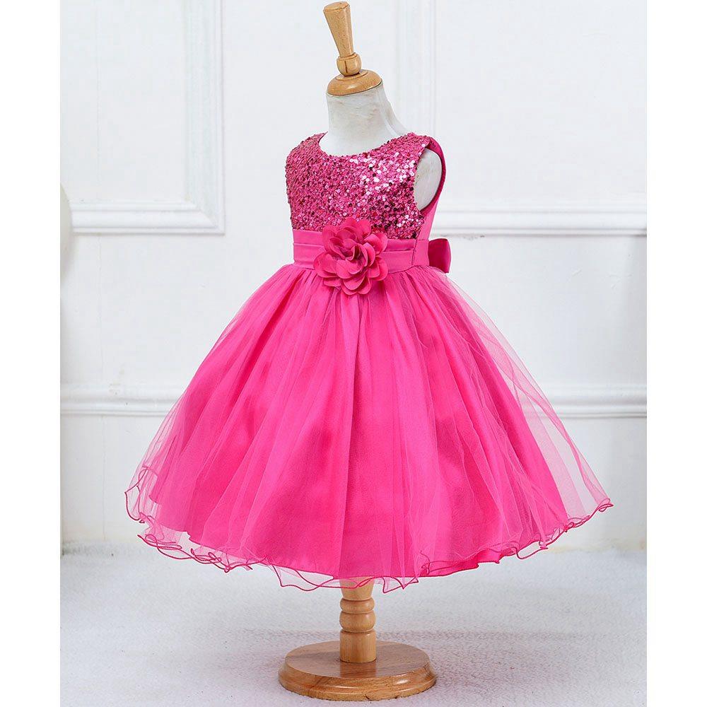 L067 Baby Girls Sleeveless Flower Dress Princess Wedding Party Children Clothing Size 100 - Rose Red