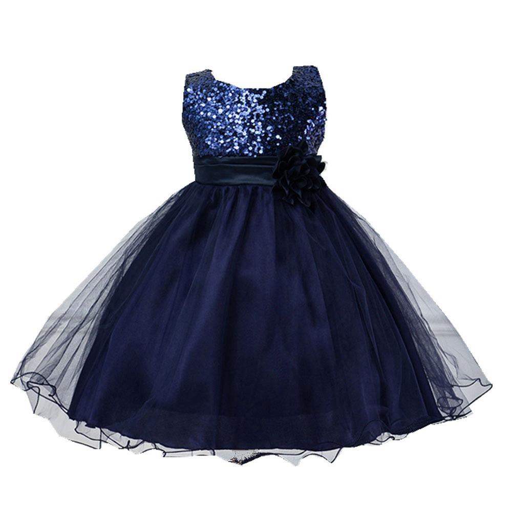 L067 Baby Girls Sleeveless Flower Dress Princess Wedding Party Children Clothing Size 100 - Navy Blue