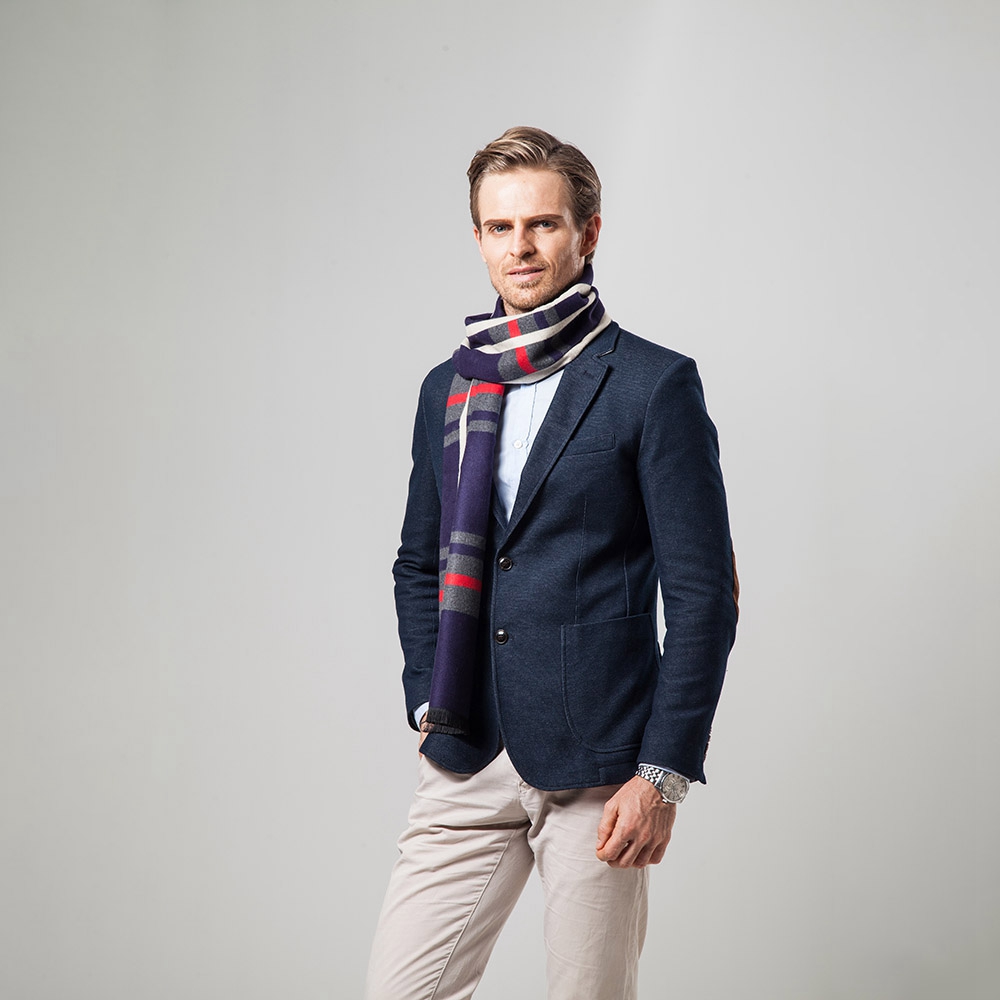 S04 Men Classic Business Imitation Cashmere Striped Plaid Warm Scarf 30x180CM - Navy Blue