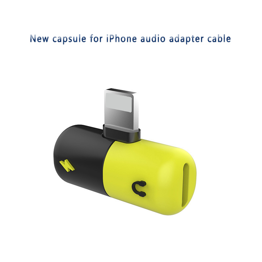 2 in 1 Audio Charging Adapter Lighting Capsule 3.5mm Headphone Jack Charger for iPhone 7 8 Plus X - Yellow + Black